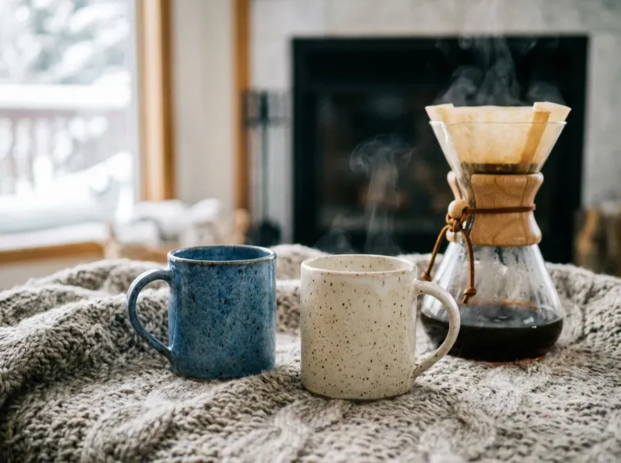 Handmade glazed ceramic mugs on a knit blanket