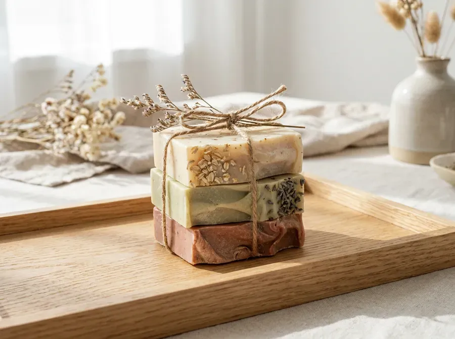 Stack of handmade soap bars tied with twine