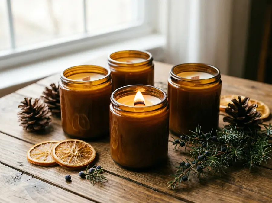Hand-poured candles in amber jars with pine cones and dried orange slices