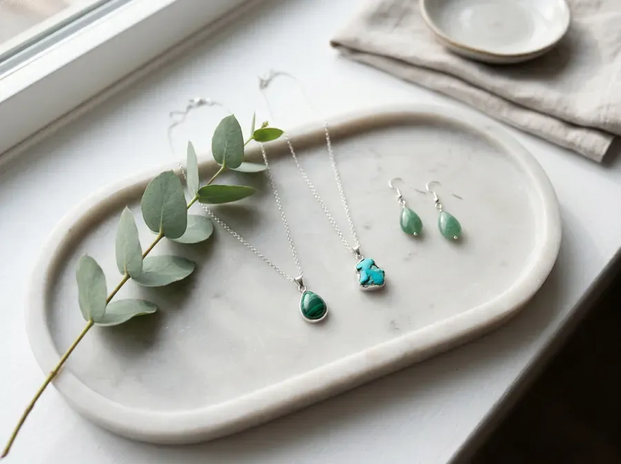 Handmade silver and green stone necklaces and earrings on a marble tray