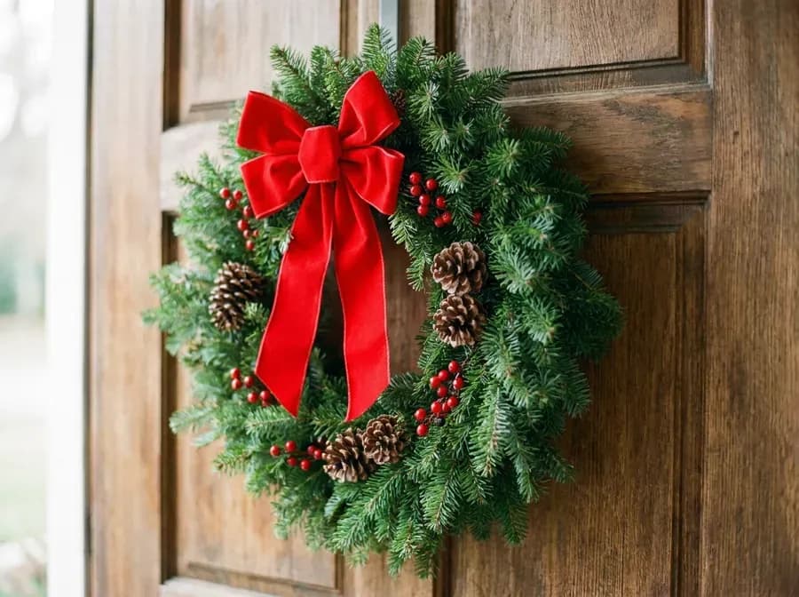 Evergreen wreath with a red velvet bow on a wooden door